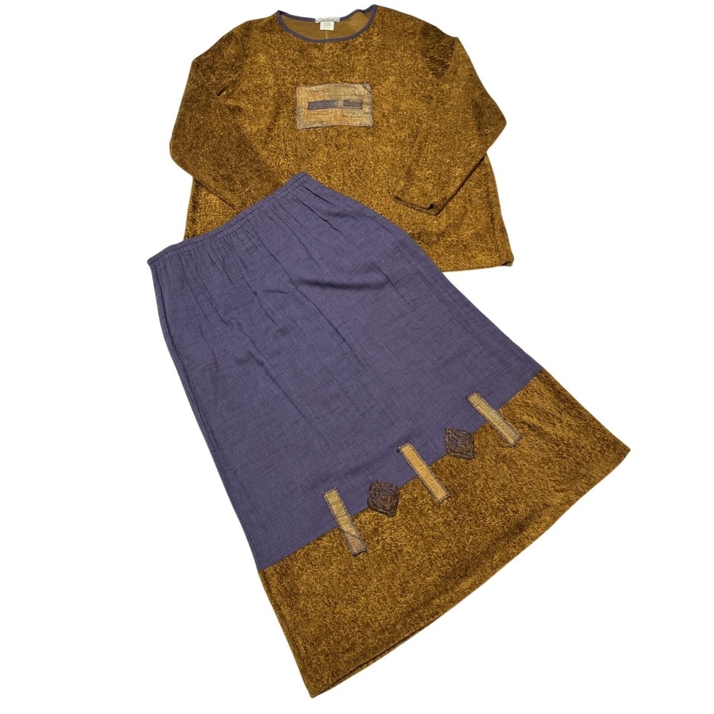 Vintage‎ Nino Wong Skirt Set Brown Fuzzy Knit Pullover Size 2X Art Deco Retro